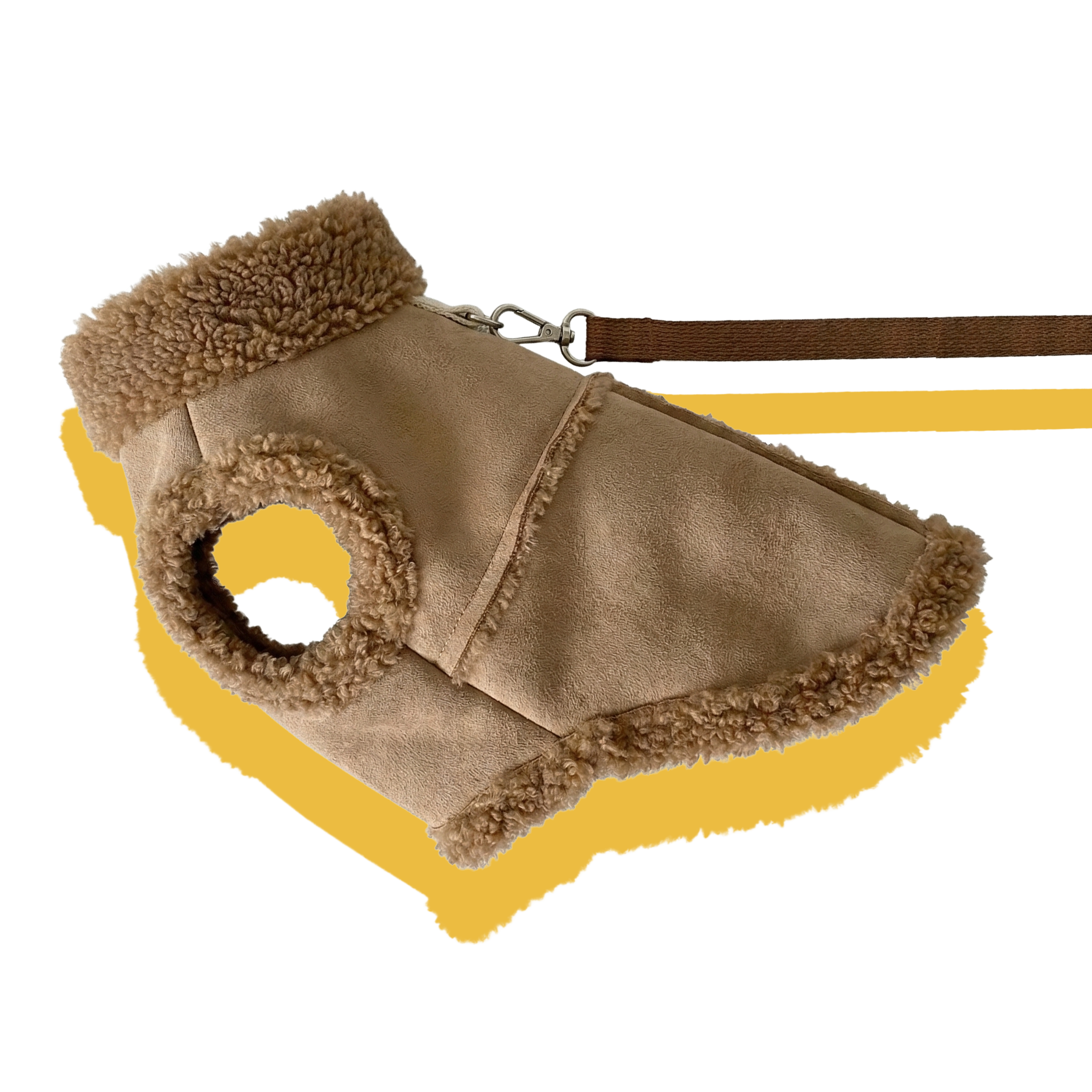 Beige dog suede coat with a leash