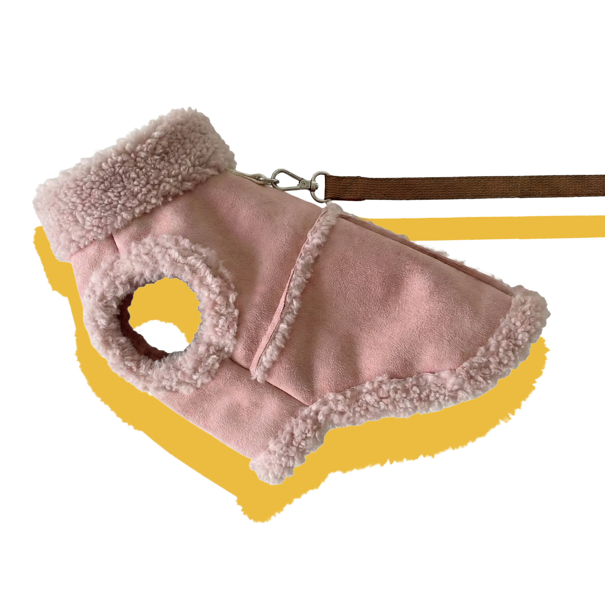Pink dog suede coat with a leash