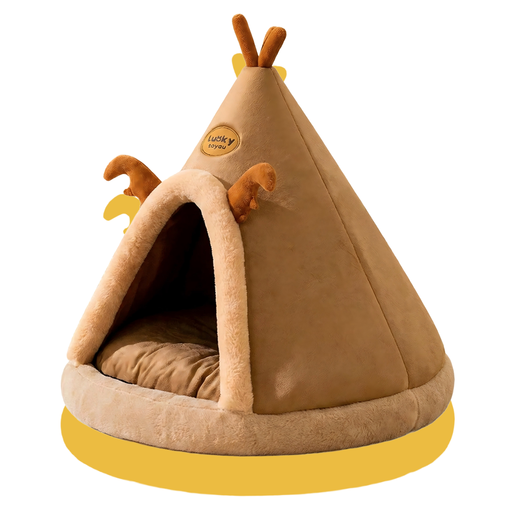 Brown pet cave with deer decoration