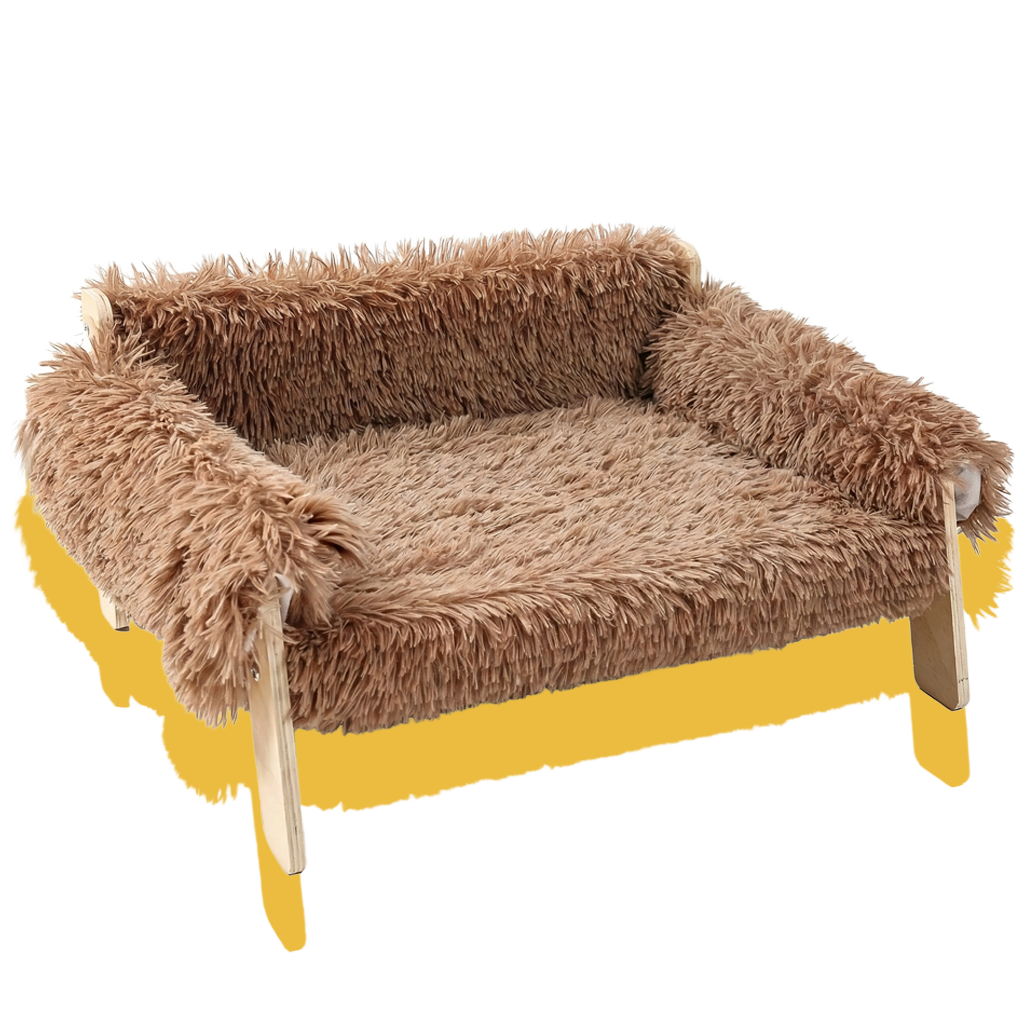 Fluffy brown pet bed with wooden legs 