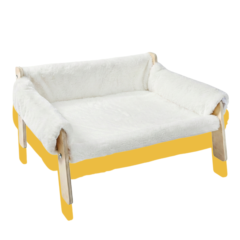 Fluffy white pet bed with wooden legs 