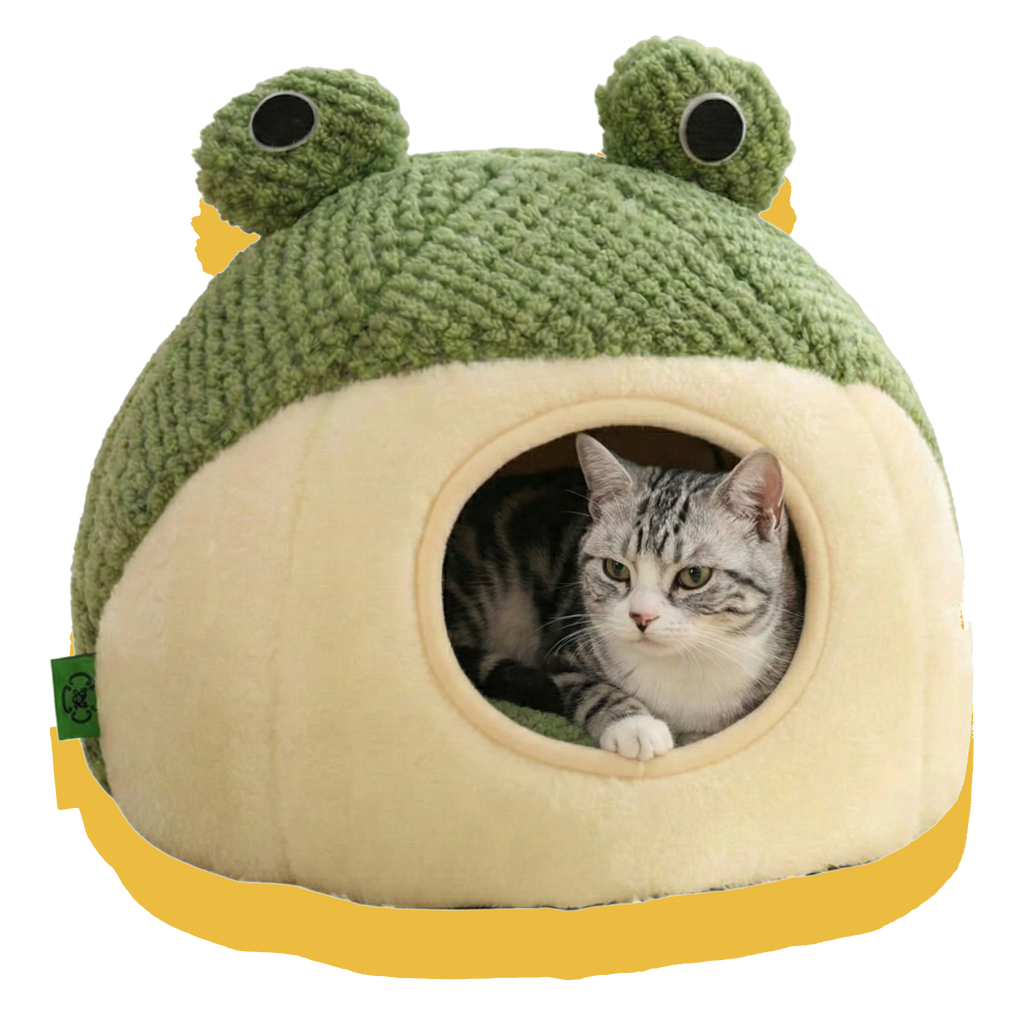 Cat in the green frog pet cave