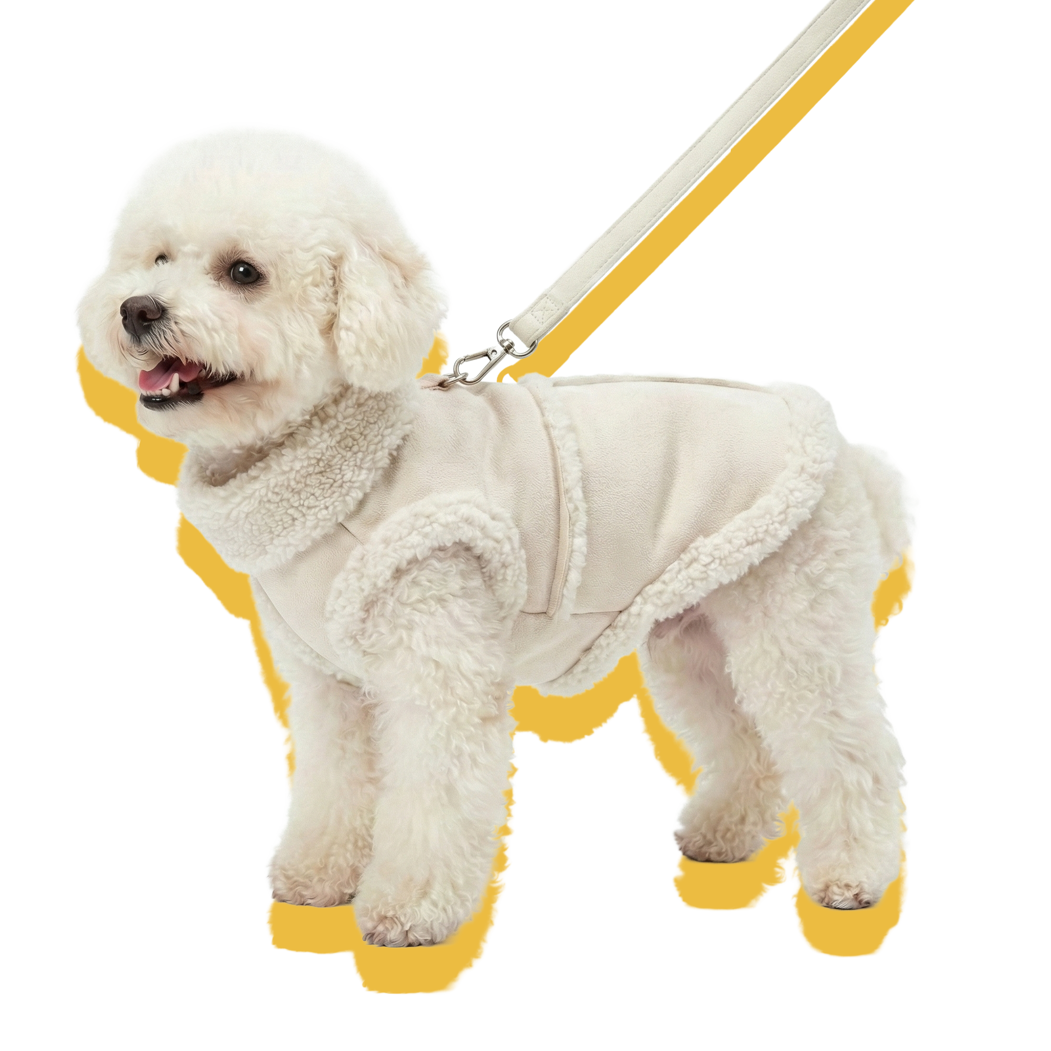 A white teddy dog wearing the white suede dog coat with a leash.