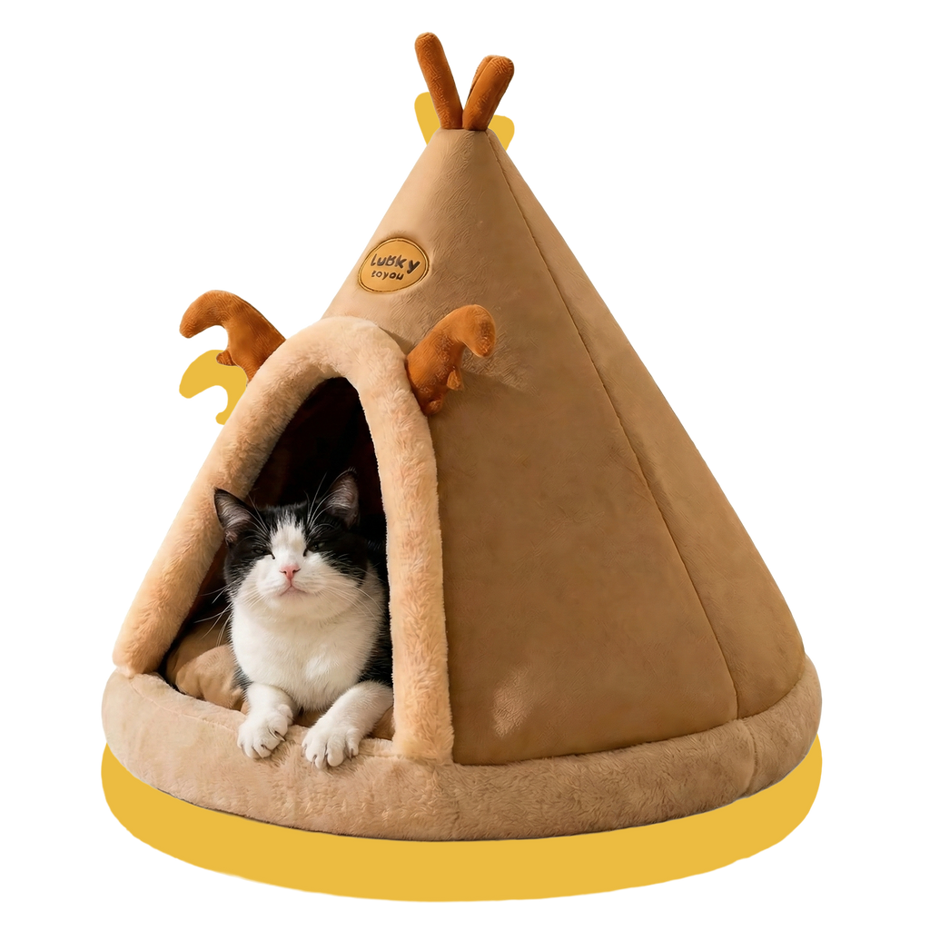Cat inside a brown pet cave with deer decoration