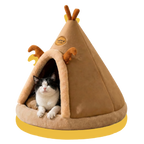 Cat inside a brown pet cave with deer decoration