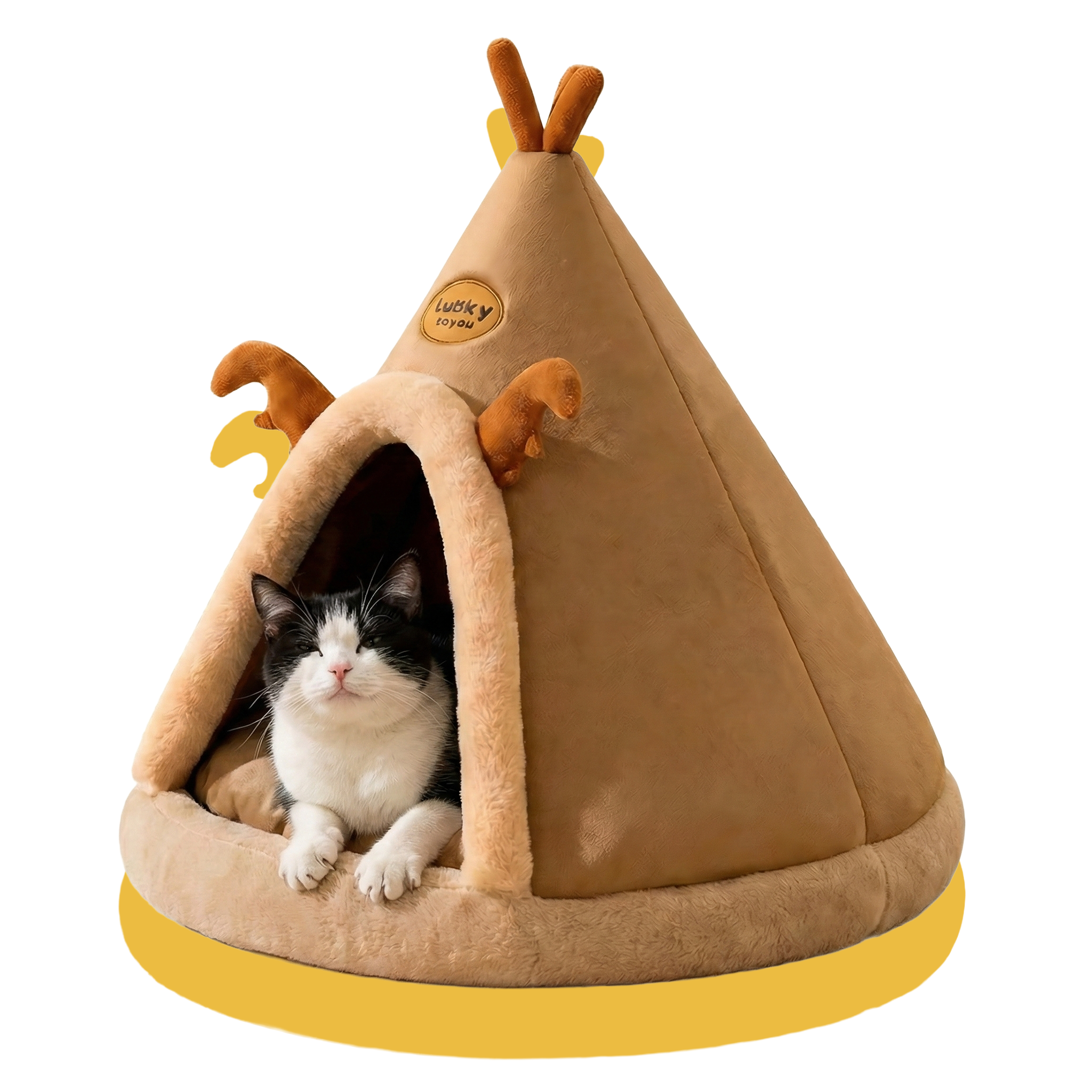 Cat inside a brown pet cave with deer decoration