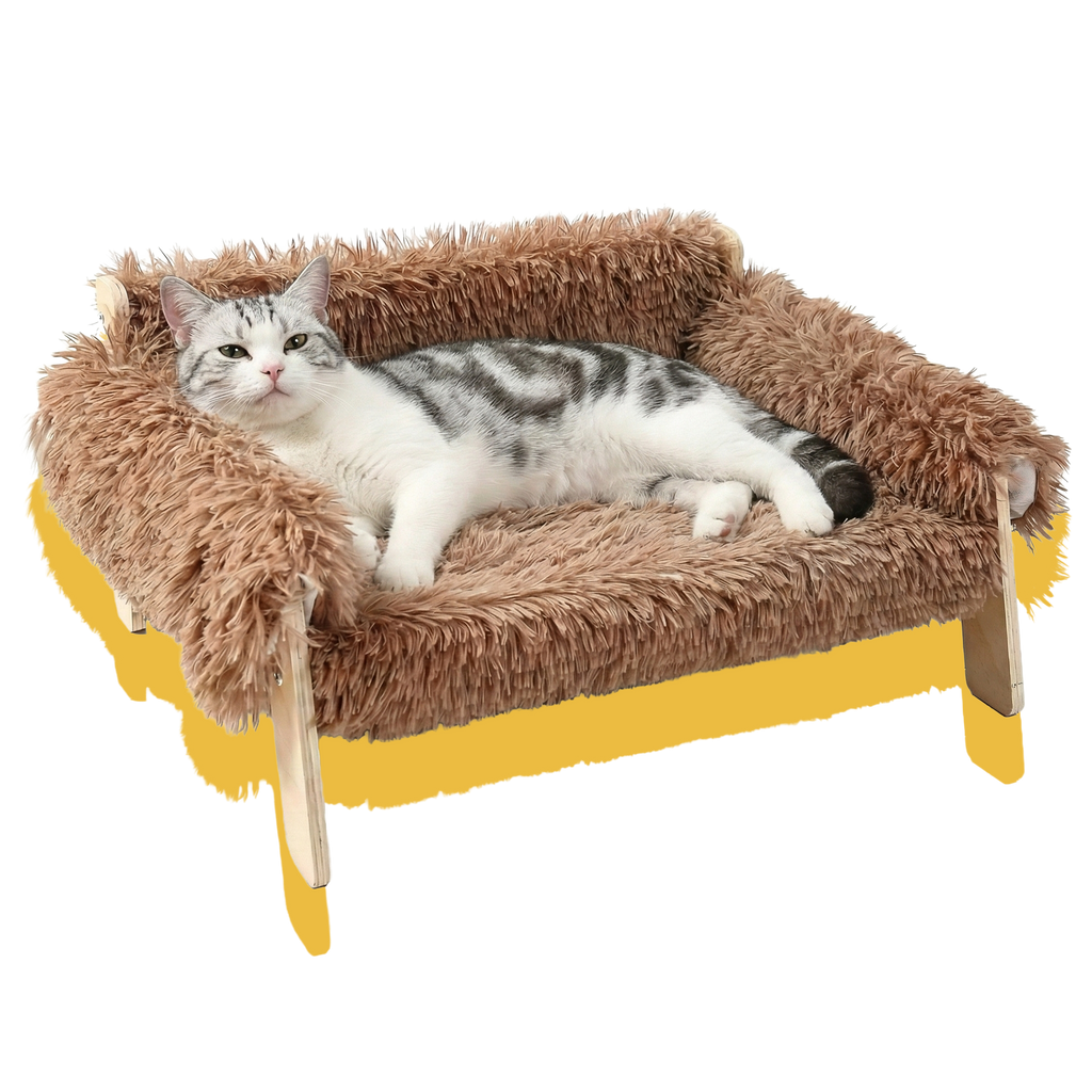 Cat lying on a fluffy brown pet bed with wooden legs 
