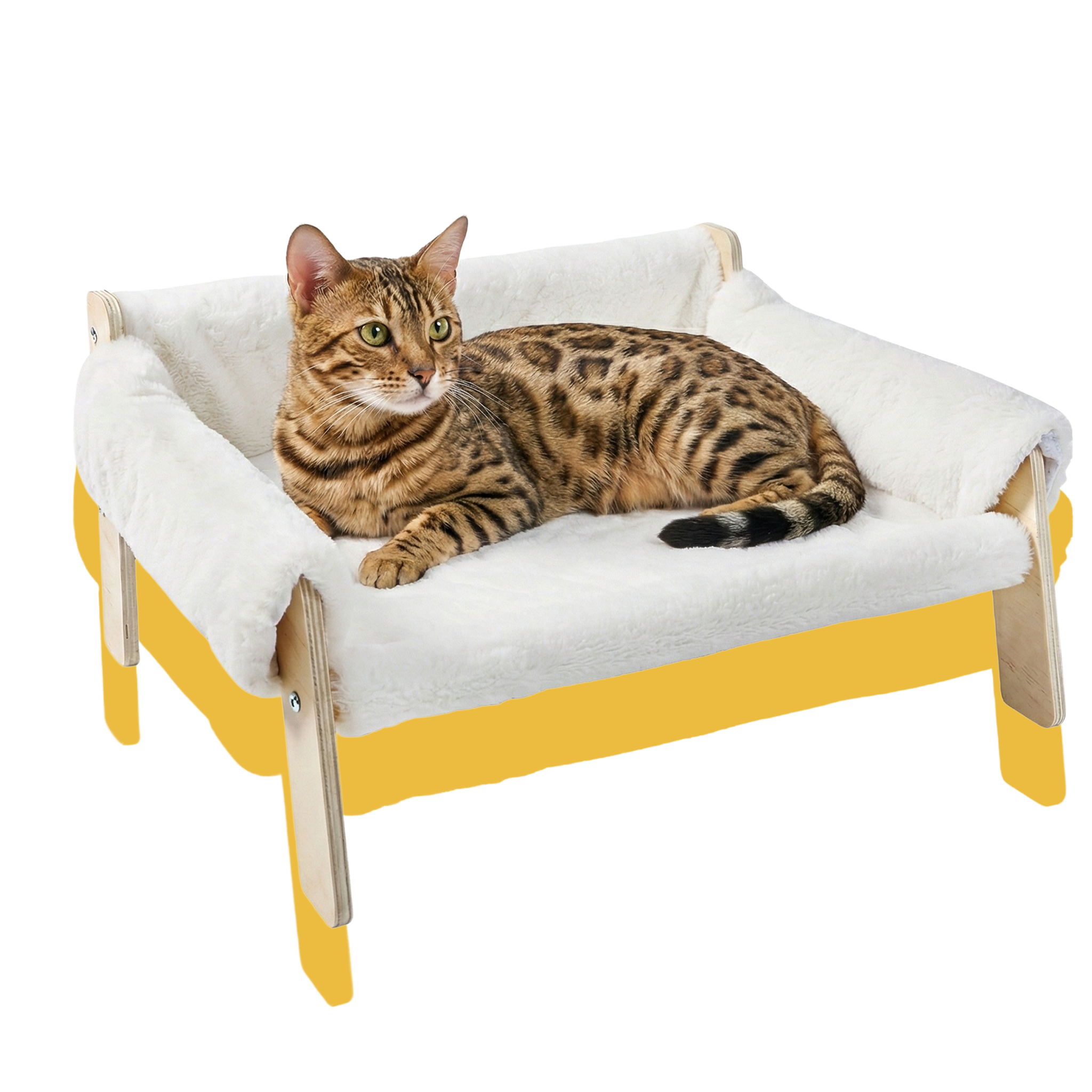 Cat lying on a fluffy white pet bed with wooden legs 
